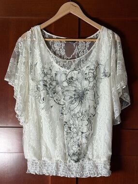 Lavish Feminine Boho Ivory Lace Overlay Floral Scoopneck Blouse Size XL